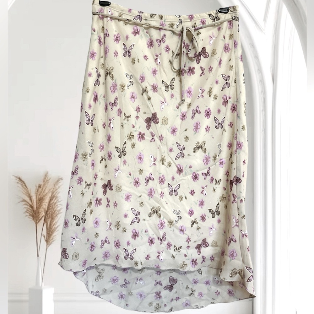 My Michelle Floral Butterfly Print Chiffon Skirt - Tan and Purple/Pink.  NWT L